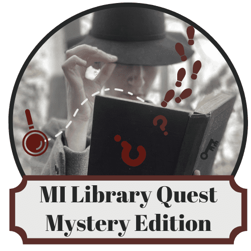 MiLibraryQuest logo with mysterious figure holding an open book with footprints and question marks falling out