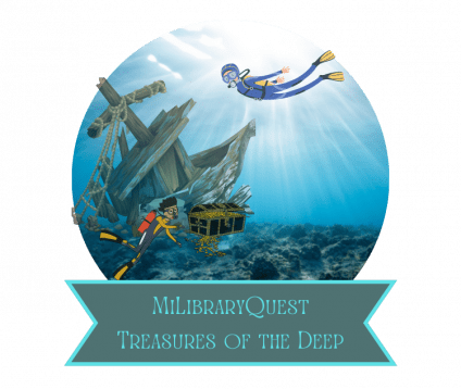 MiLibraryQuest logo with a shipwreck, divers, and text "MiLibraryQuest Treasures of the Deep"
